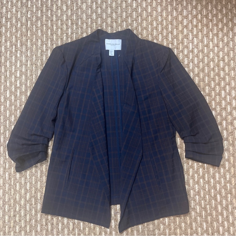 Carolina Belle Montreal Open Front Ruched Sleeve Blazer Jacket Plaid Women Sz XL